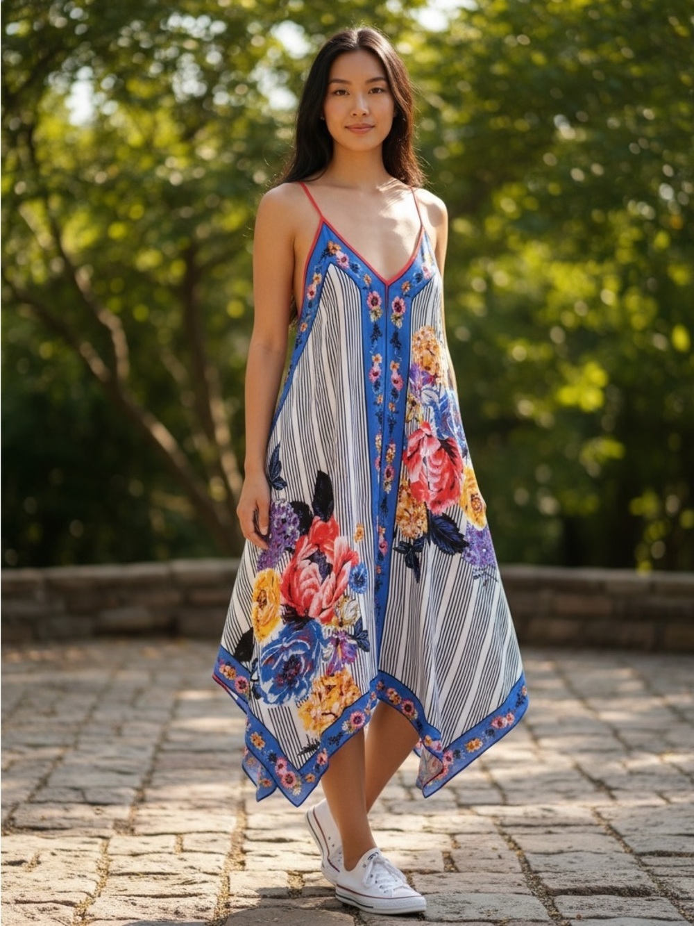 Flying Tomato Floral Stripe Hankerchief Camisole Boho Festival Colorful Dress S